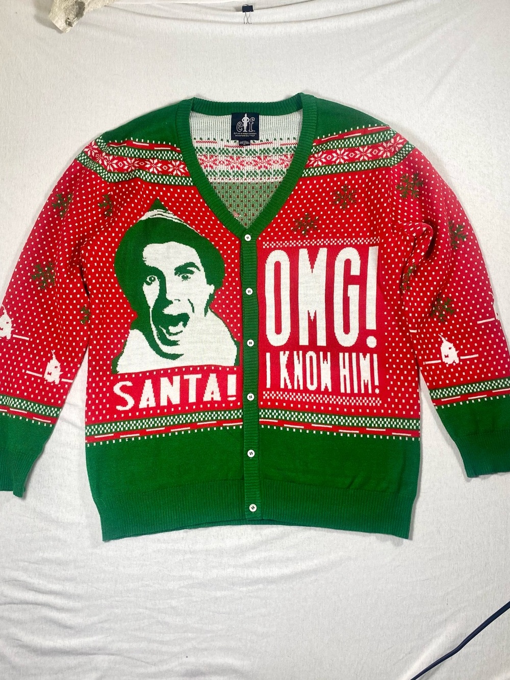 Elf Men’s XL Buddy the Elf "OMG I Know Him" Knit Cardigan V-Neck Button